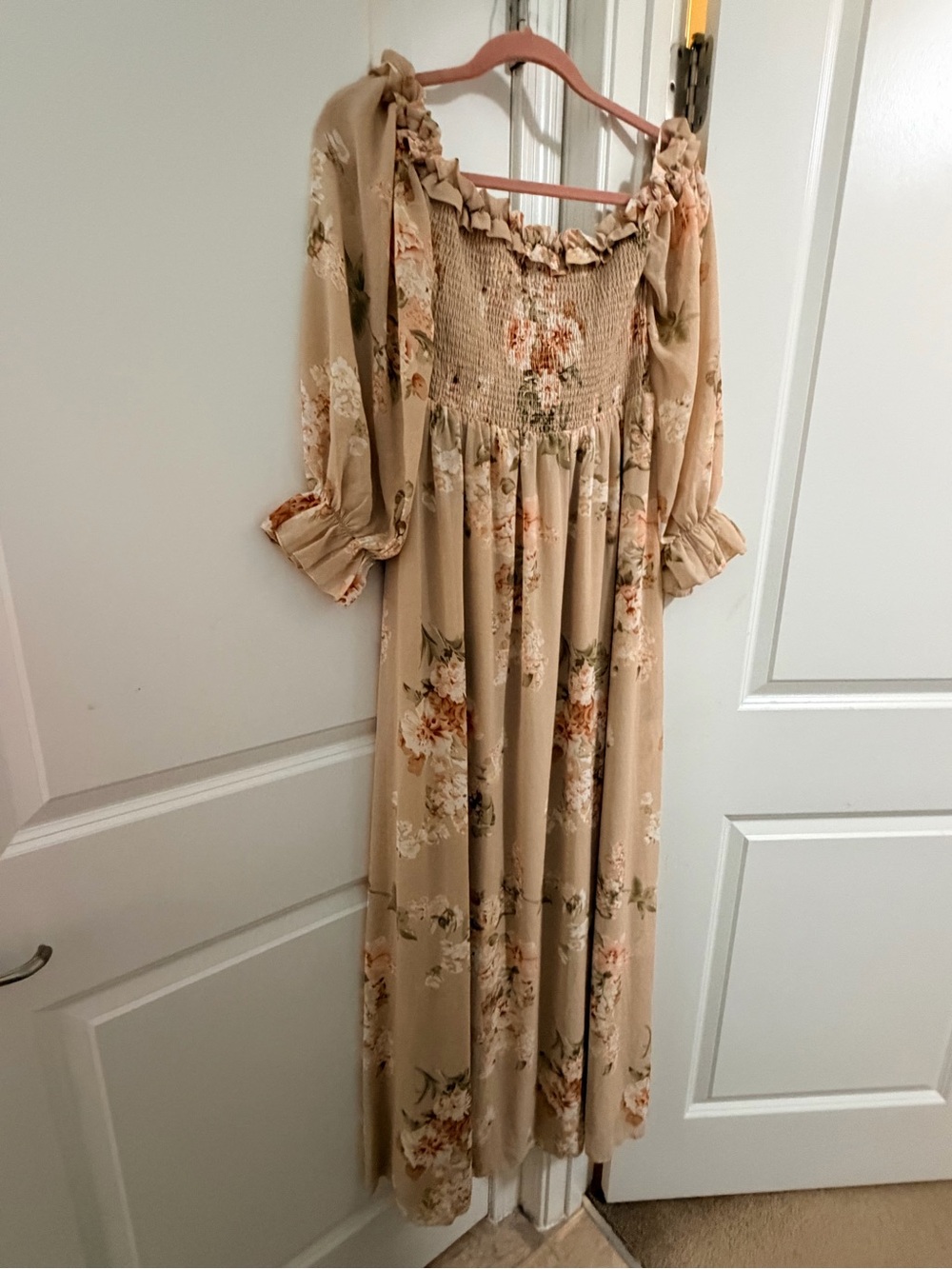 Aakaa Beige Floral Smocked Ruffle Maxi Dress